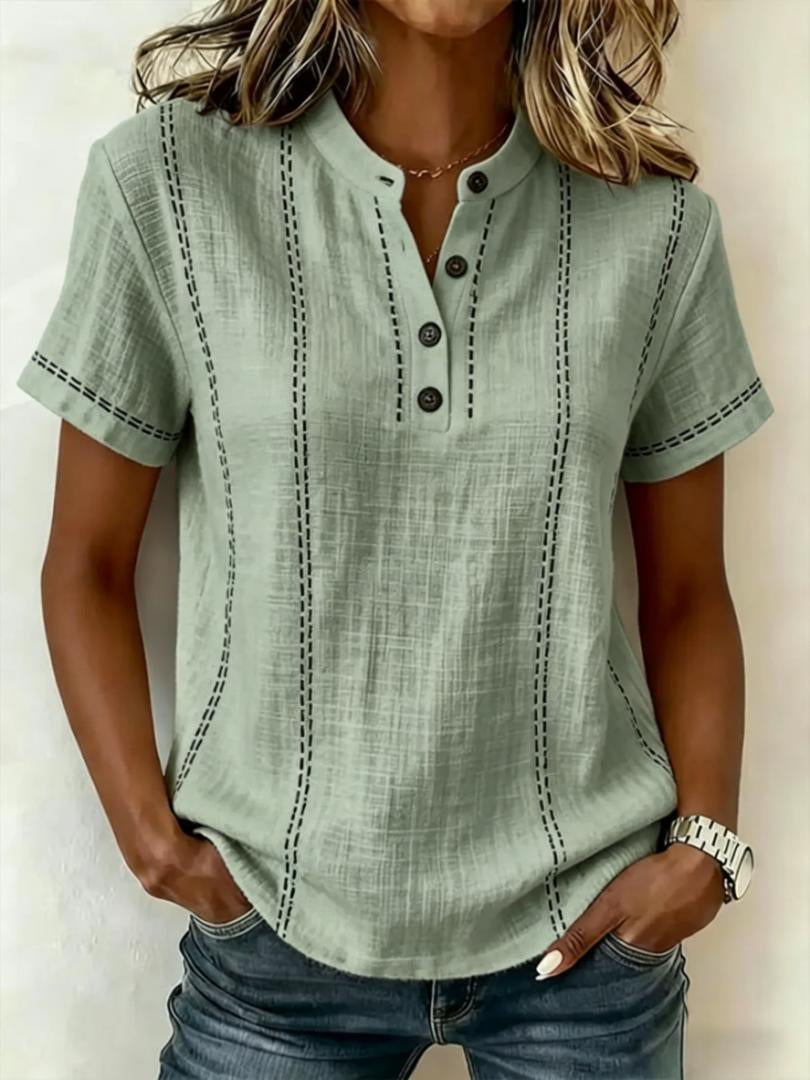 Summer Striped Short-Sleeve Shirts Casual Stand-Collar V-neck Button Blouse Womens Clothing(New)
