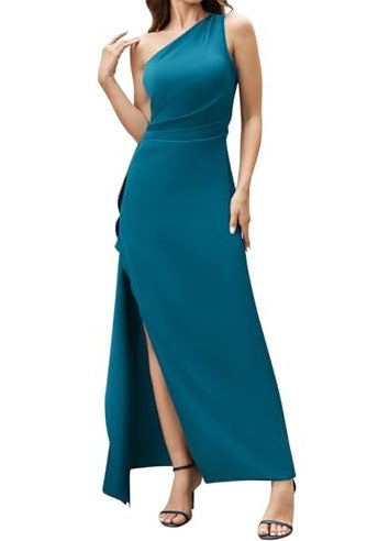 Teal one-shoulder satin dress, slim-fit with pleated detail and side slit
