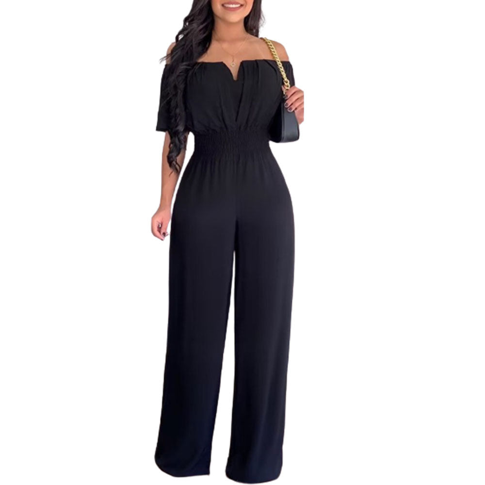 Women's black off-neck smocked waist jumpsuit with wide straight-leg pants