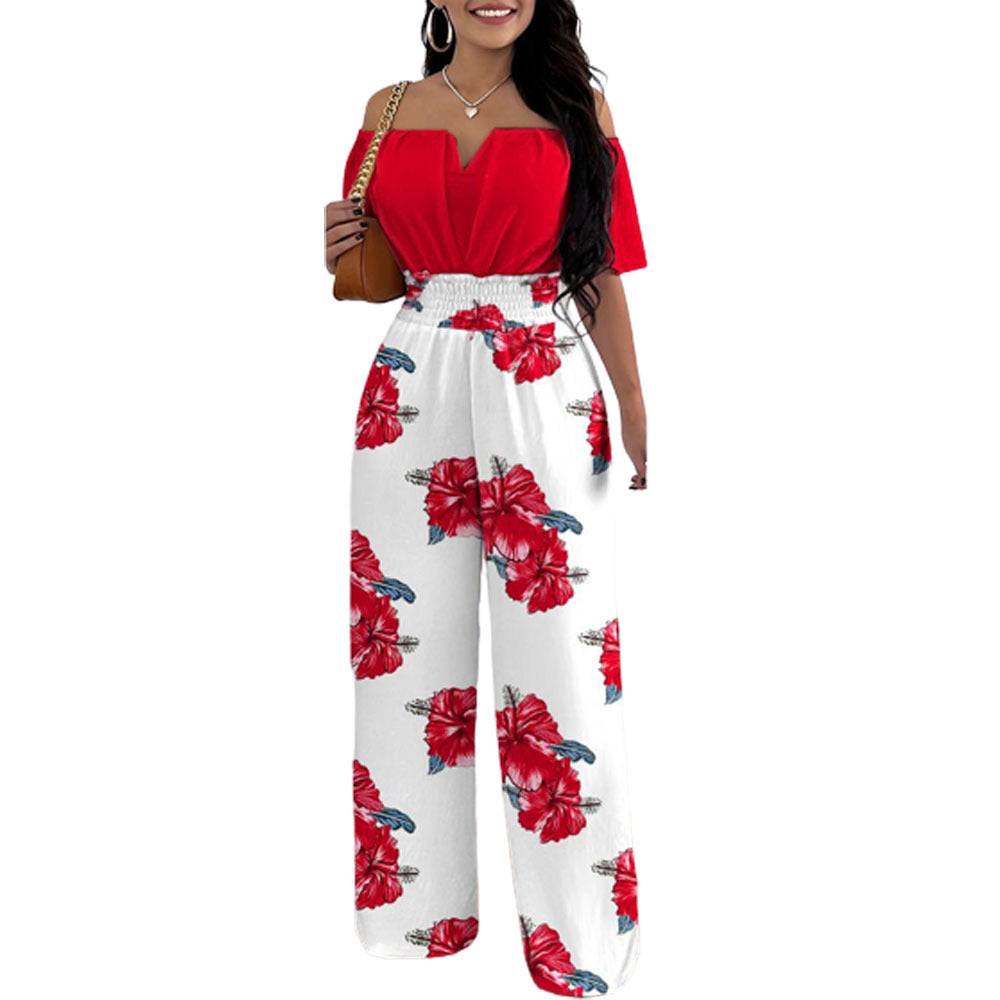 Red and white floral off-neck loose jumpsuit with elastic waist and wide legs