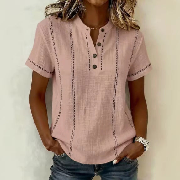 Summer Striped Short-Sleeve Shirts Casual Stand-Collar V-neck Button Blouse Womens Clothing(New)