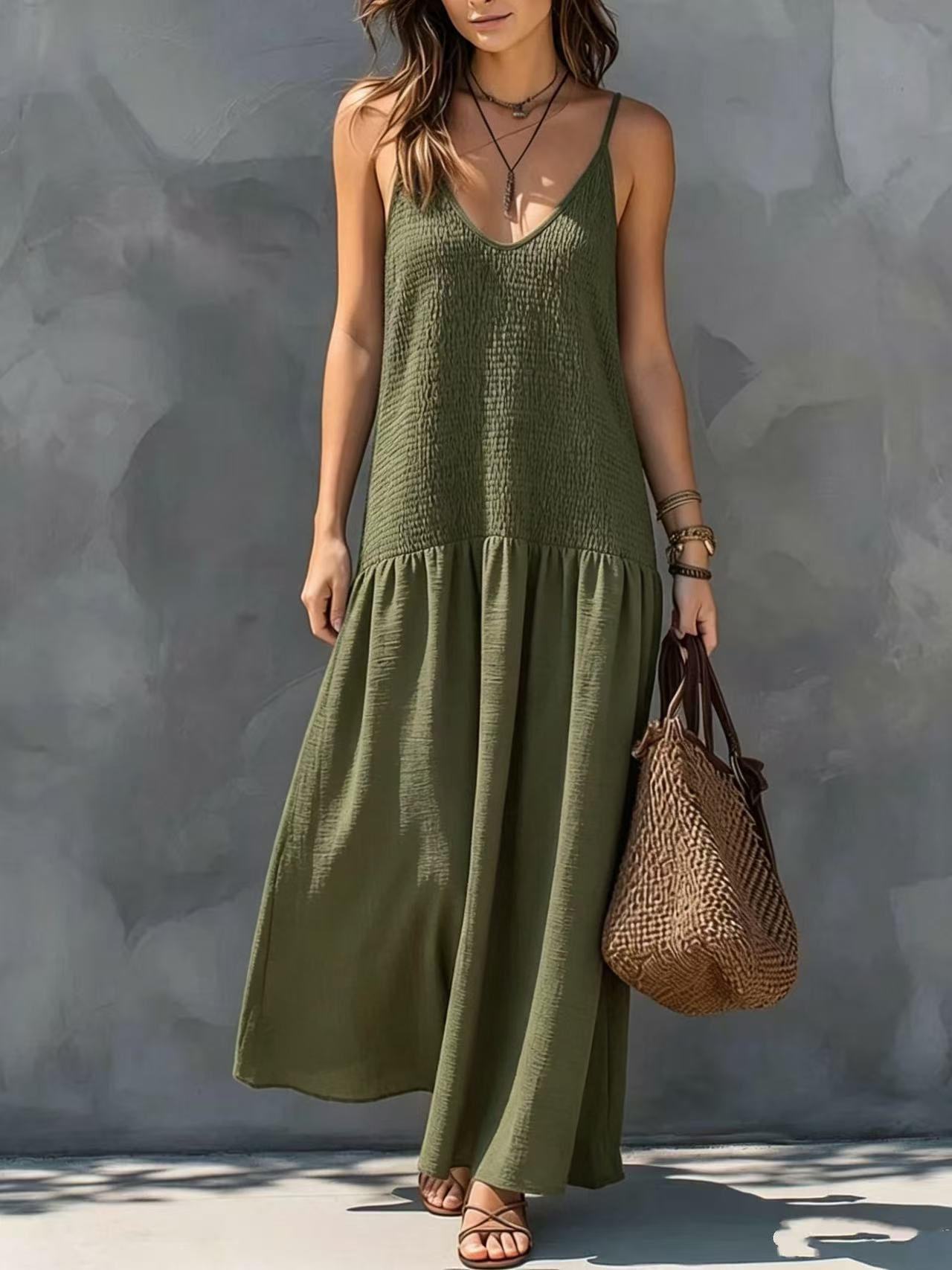 Army green tiered maxi dress with V-neck spaghetti straps and sleeveless silhouette