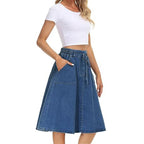 Blue denim A-line skirt with waist belt and stitched pockets