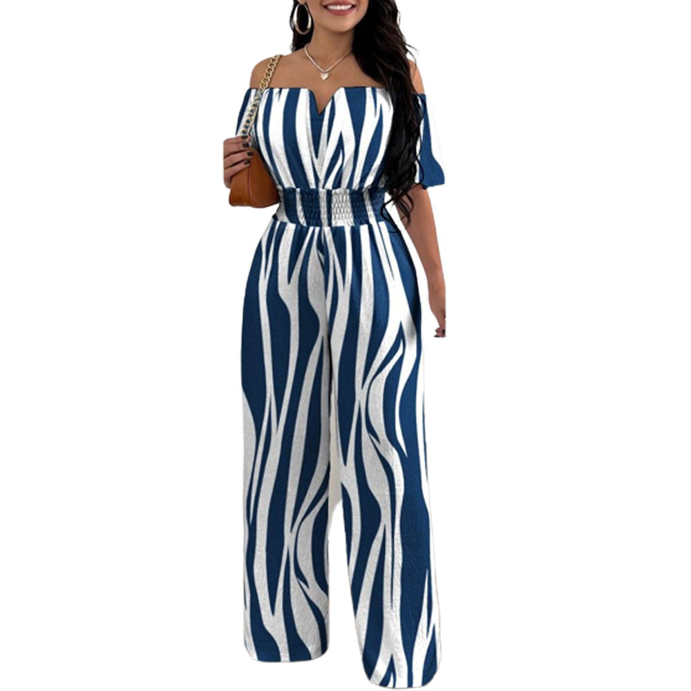 Blue and white striped off-neck loose jumpsuit with waist tie trimming and wide legs