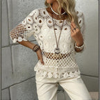 Women's Solid Color Round Neck Crochet Knit Top - Lace Half  Sleeve Summer Cover Up With Sheer Cutout Design