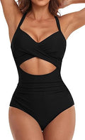 Women's cross one-piece swimsuit in black with midriff cutout