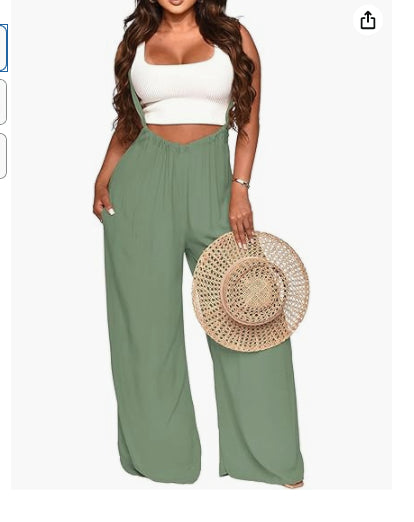 Women’s sleeveless jumpsuit in sage green with wide legs and elastic waist, cropped top