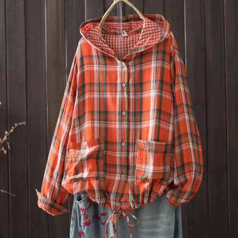 Orange plaid hooded overshirt with button front and front pocket