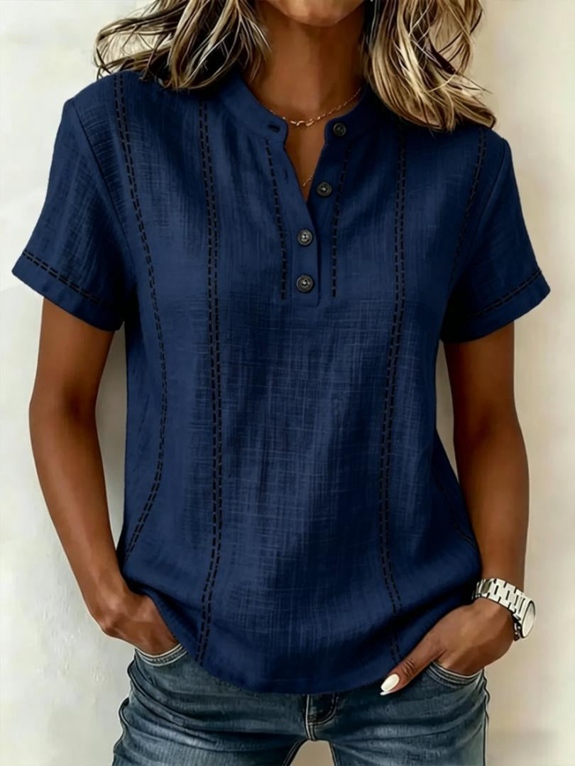 Summer Striped Short-Sleeve Shirts Casual Stand-Collar V-neck Button Blouse Womens Clothing(New)