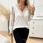 Elegant Women's Sunflower Embroidered Guipure Lace  V-Neck Tee - Breathable Long Sleeve Blouse