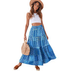 Women’s high-waist tiered maxi skirt, blue patchwork print