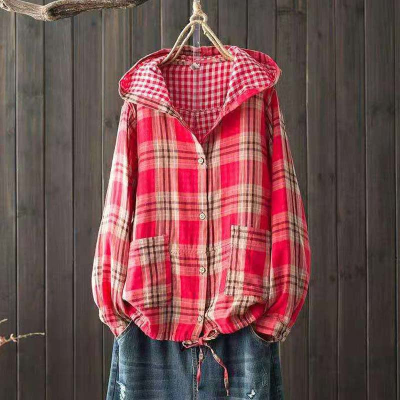 Red and white plaid hooded cotton-linen overshirt with snap front and drawstring hem