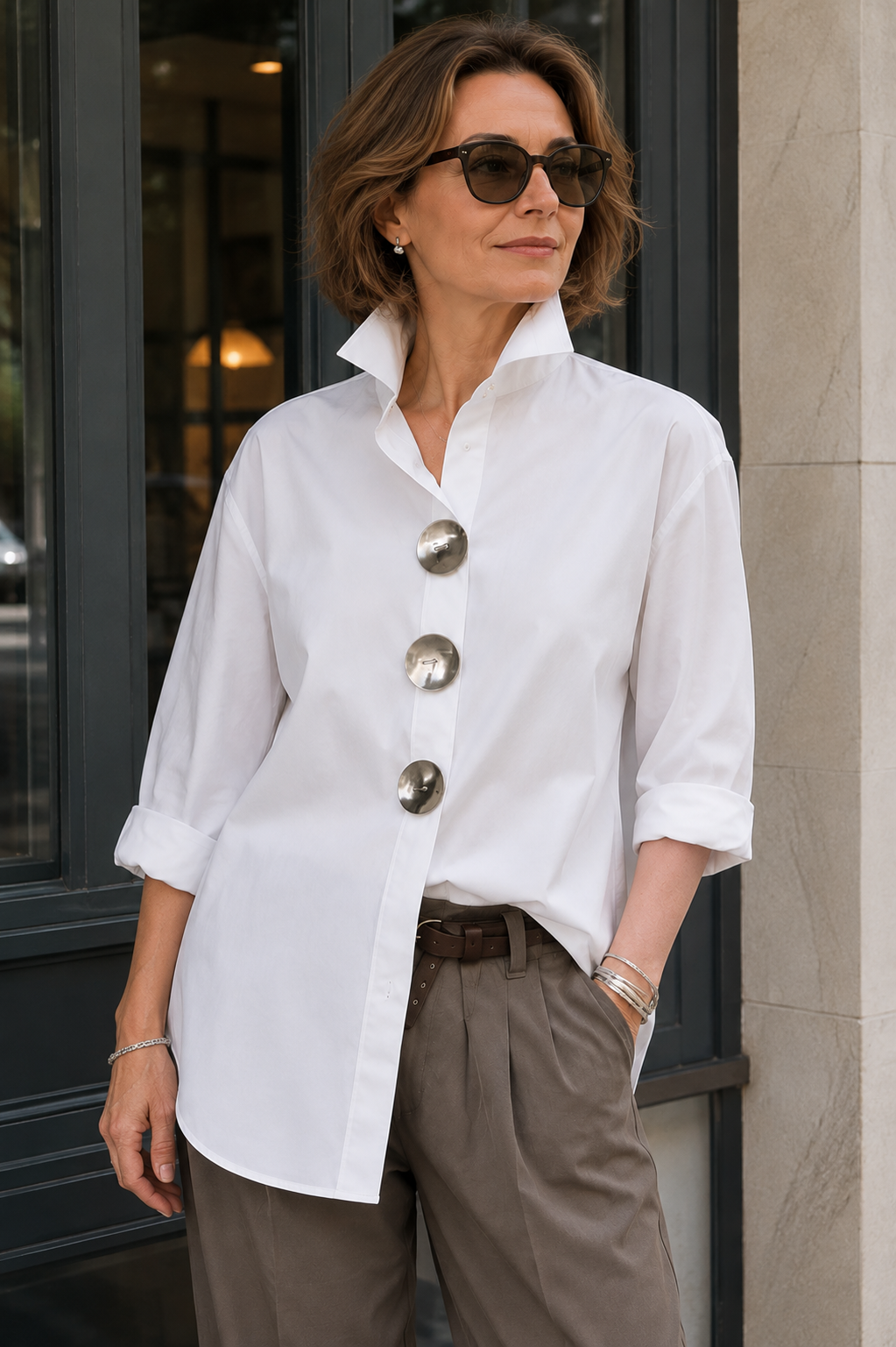 White oversized button-up shirt with pointed collar and large round buttons, side view