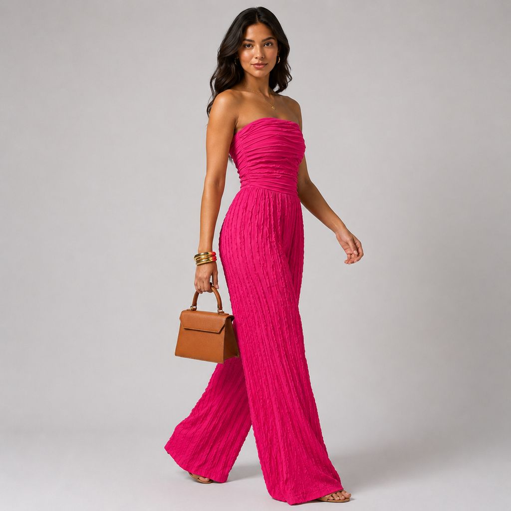 Fuchsia strapless wide-leg jumpsuit with ruched bodice and high-waist drape