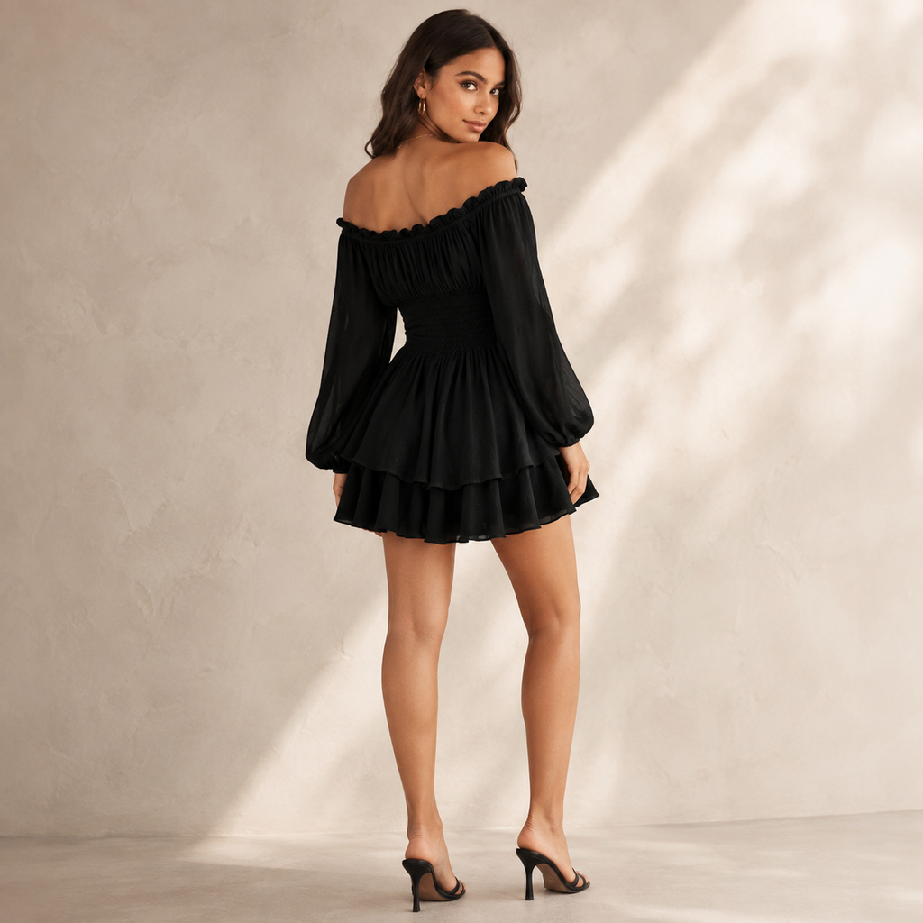 Black off-shoulder smocked mini dress with tiered ruffles and long puff sleeves