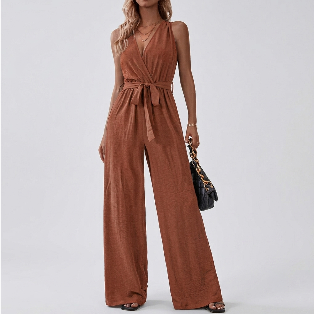 Women’s rust-brown high-waist sleeveless jumpsuit with tie waist and wide legs