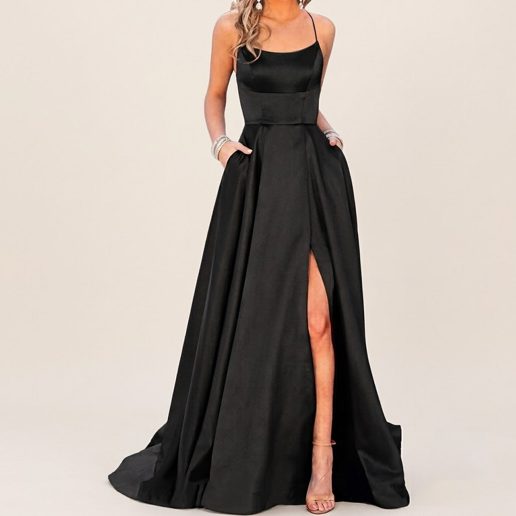 Black long sleeveless evening dress with square neckline, corset bodice, high slit