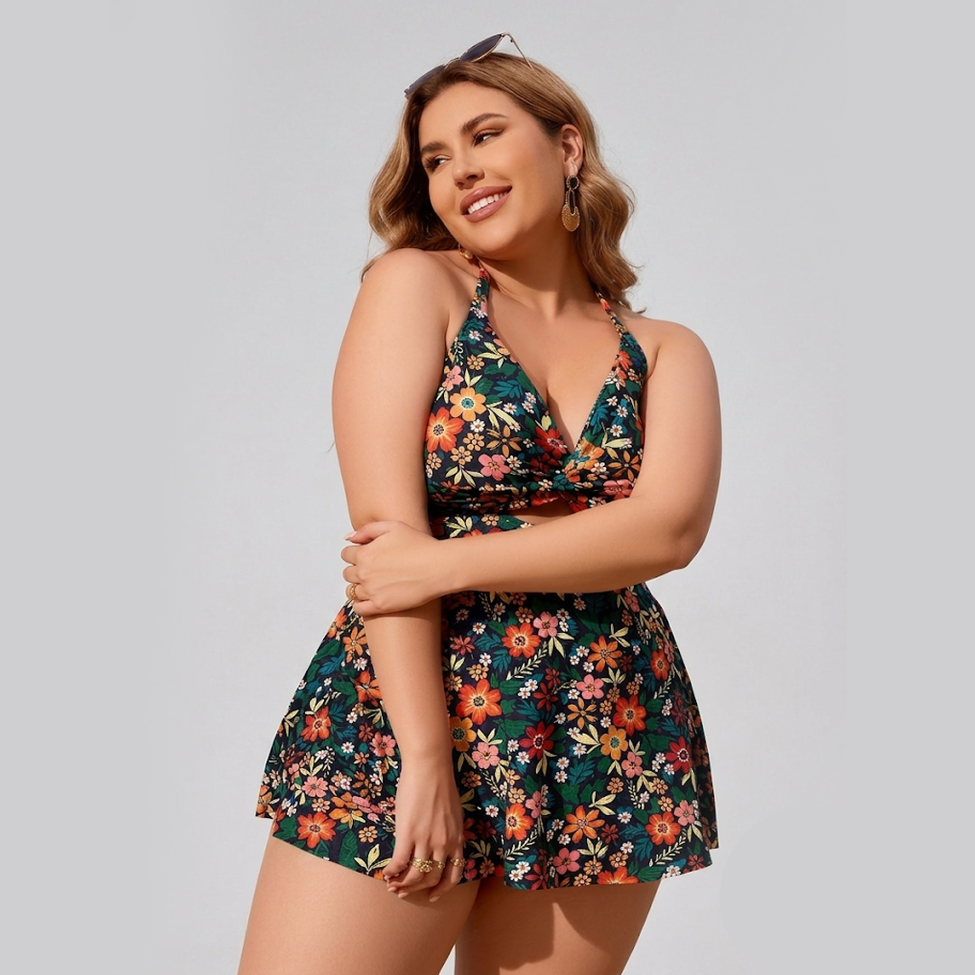 Floral halter swimdress with twist front, sleeveless one-piece, multicolor