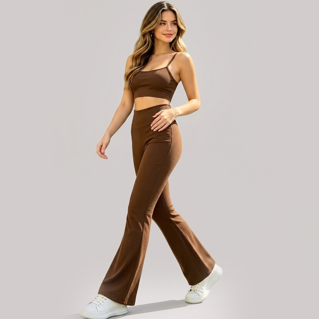 Coffee-brown high-waisted flared pants with slim fit and long floor-length legs