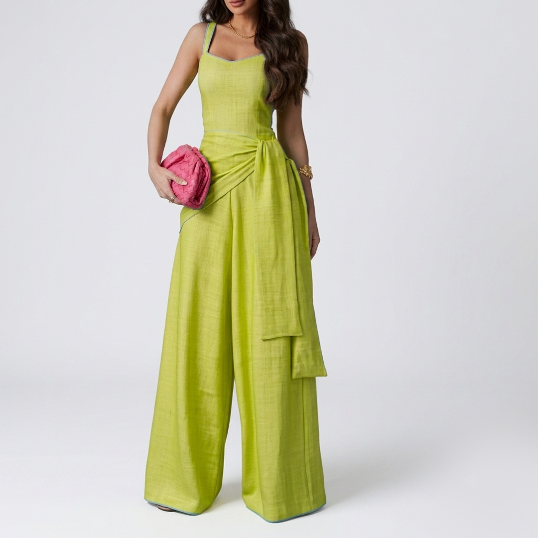 Women's lime green suspender wide-leg pants with front tie waist