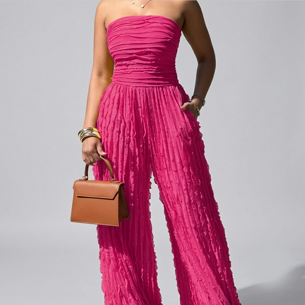 Rose red strapless ruched wide-leg jumpsuit with sleeveless bodice