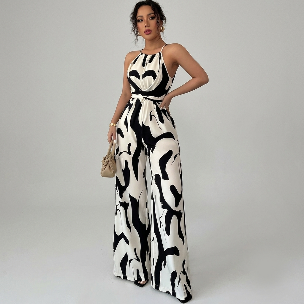 Zebra print halter suspender jumpsuit with wide-leg pants, belted waist