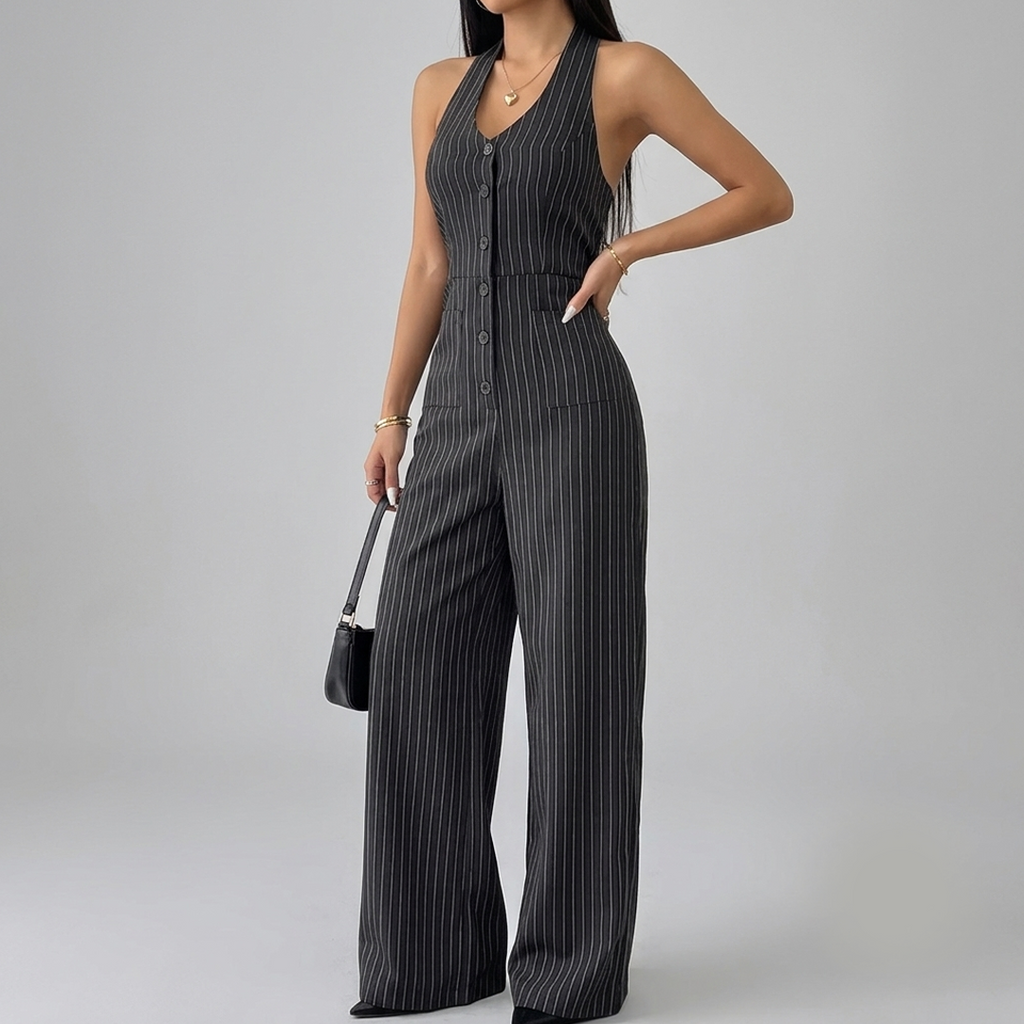 Sleeveless dark pinstripe jumpsuit with front buttons and wide-leg pants