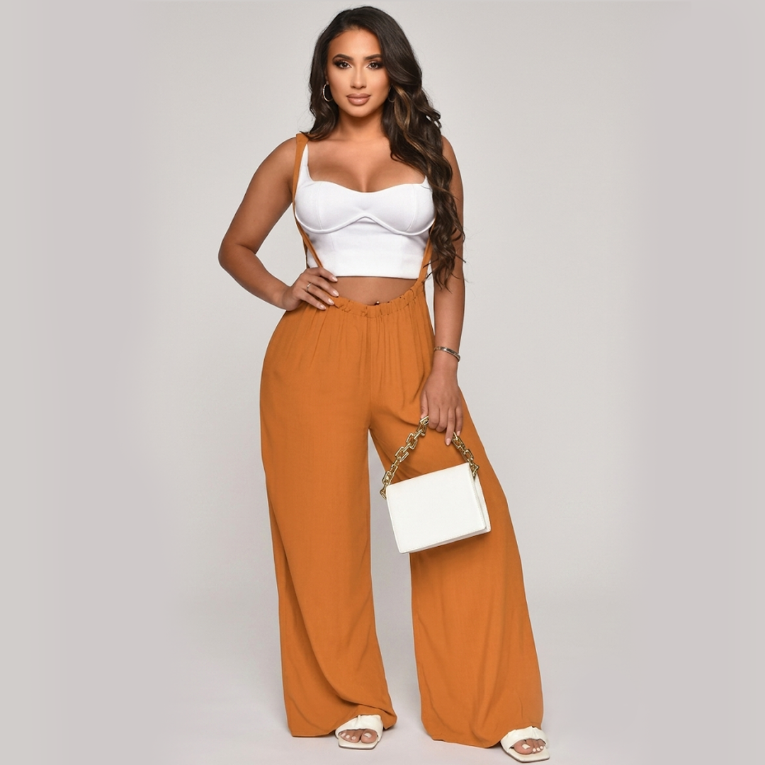 Women’s casual sleeveless jumpsuit with white crop top and rust wide-leg pants