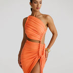 Fashion One Shoulder Tube Top Backless Hollow Tether Ruched Dress