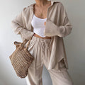 Women's Solid Color Lapel Collar Long Sleeve Shirt & High-Waist Pants Set - Casual Loose Fit Spring&Summer Outfit