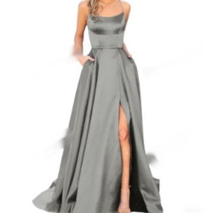 Gray satin long formal dress with spaghetti straps and front side slit