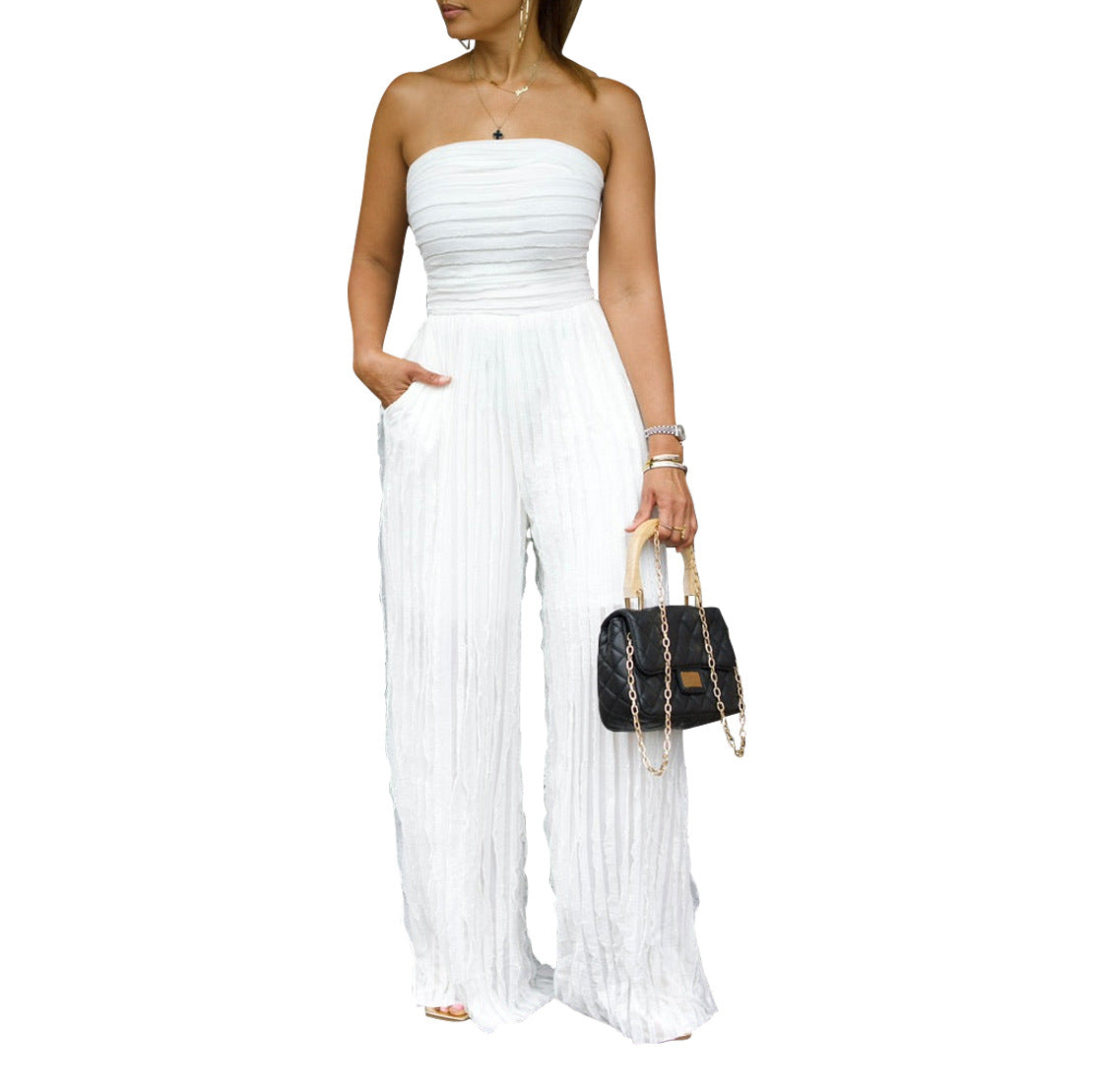 White strapless wide-leg jumpsuit with gathered bodice and textured fabric