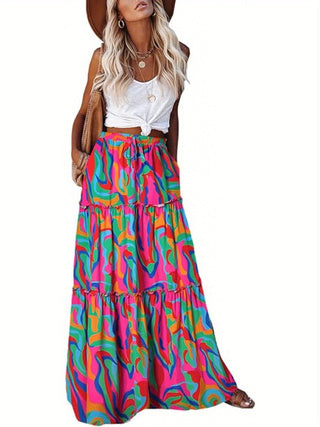 Colorful abstract print high-waist maxi dress with tiered gathered skirt