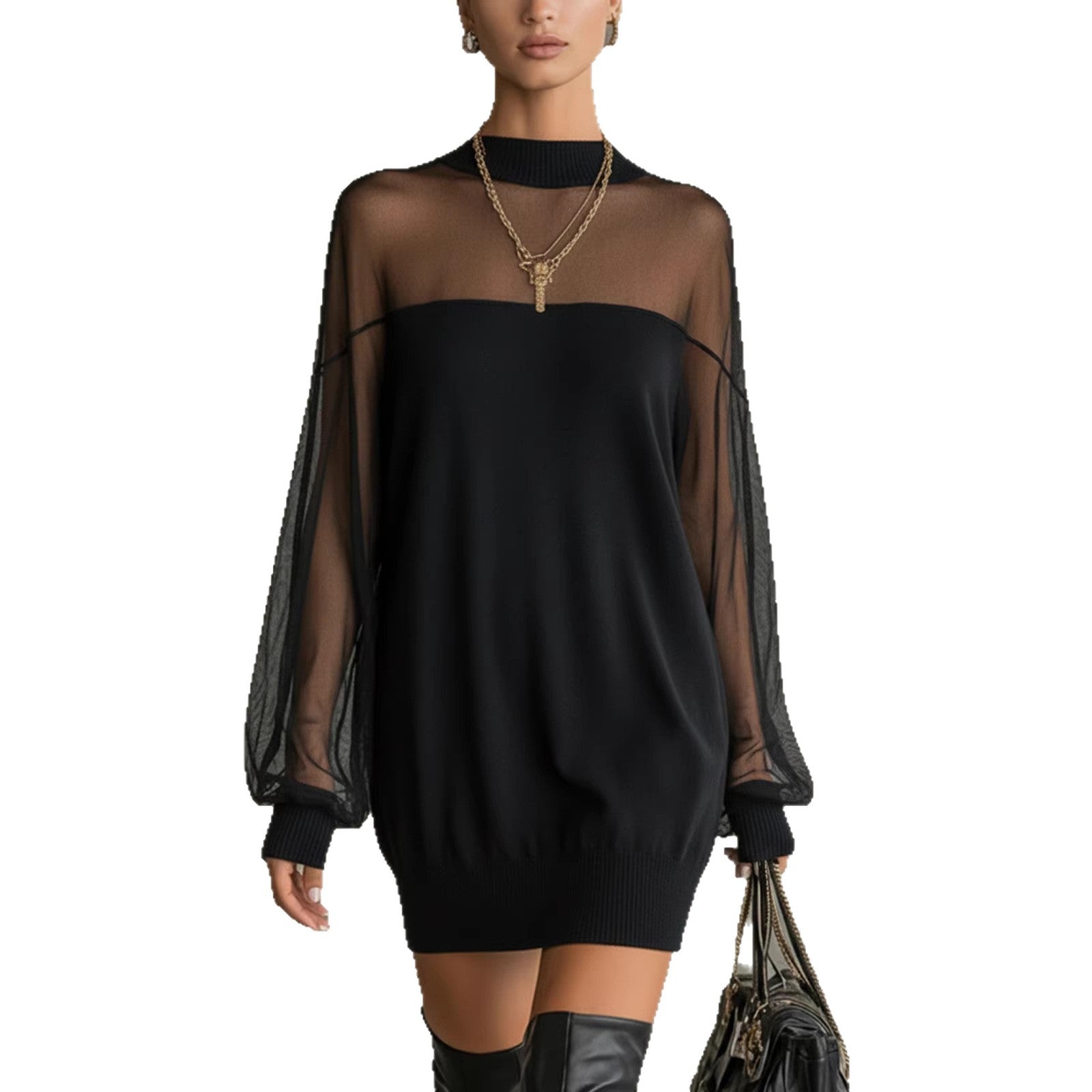 Black sheer long-sleeve mini dress with ribbed hem and neckline