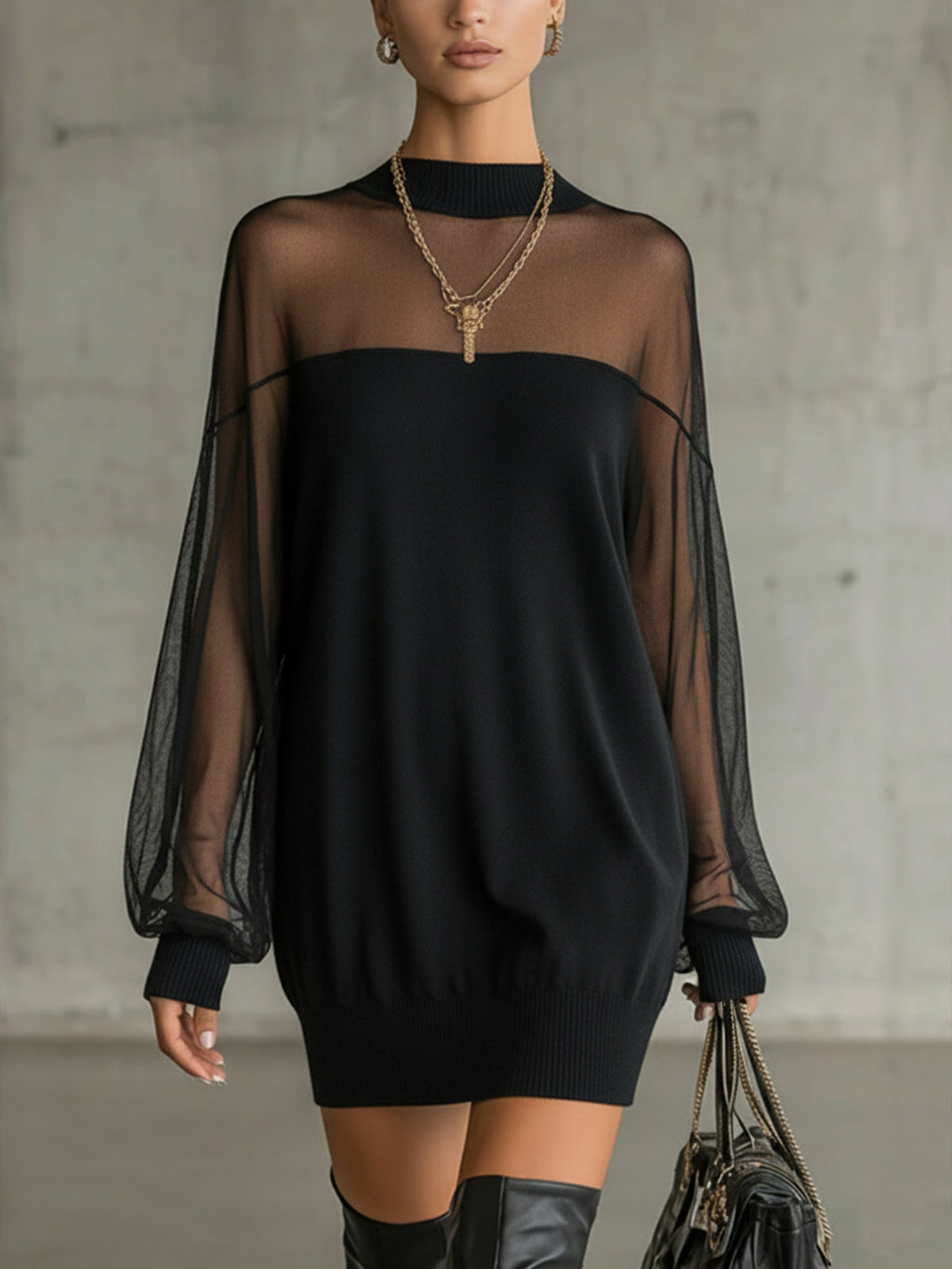 Black knit mini dress with sheer mesh sleeves and ribbed cuffs