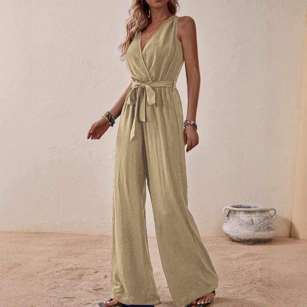 Light olive high-waist sleeveless jumpsuit with V-neck, tie waist, and wide legs