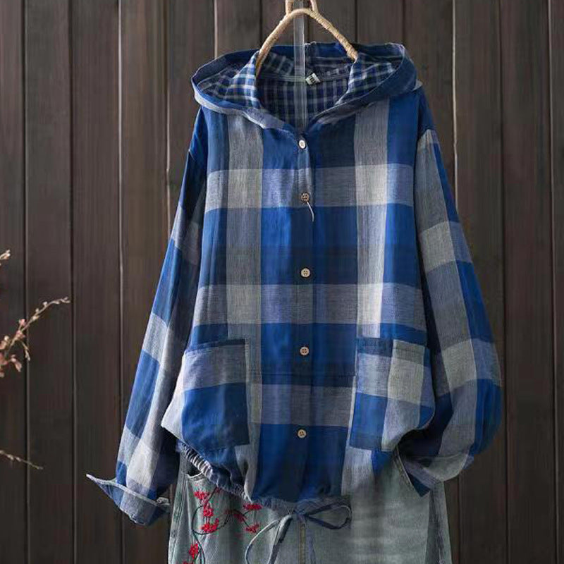 Blue and gray plaid hooded cotton-linen overshirt with snap front and patch pockets