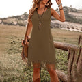 Women's Elegant Solid Color Boho Dress - V-Neck Fringe Detail Sleeveless Summer Dress