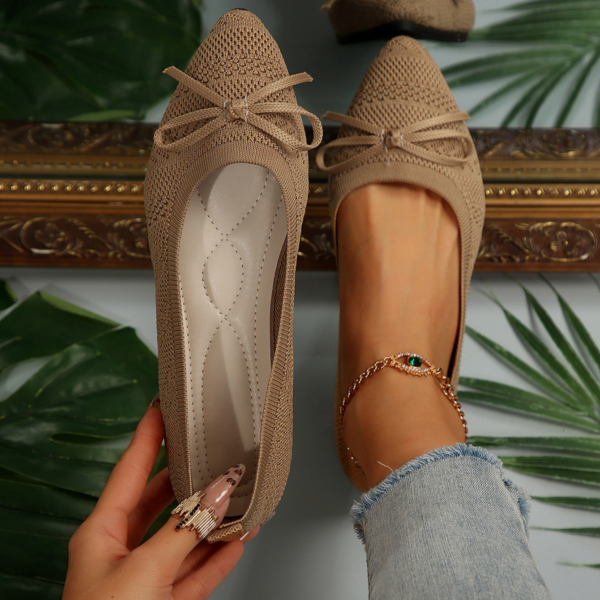 Khaki knit pointed-toe loafers with bow and gold beaded ankle chain