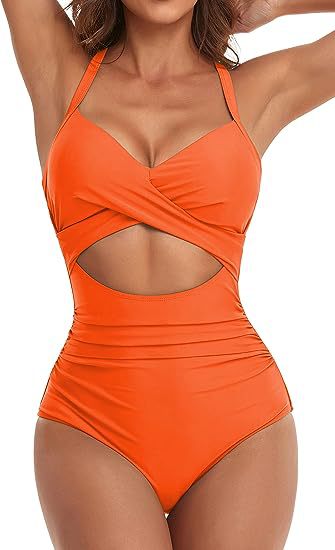 Women's cross one-piece swimsuit in orange with waist cutout