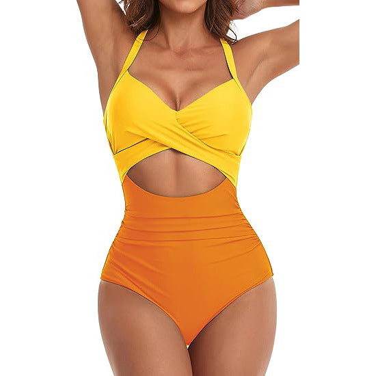 Women's cross one-piece swimsuit with yellow upper and orange lower, midriff cutout