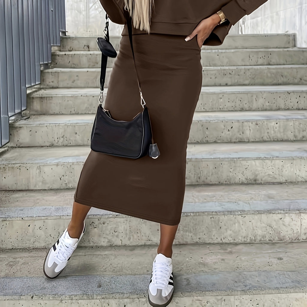 Women's Solid Color Deep V-neck Top And Sleeveless Dress Set