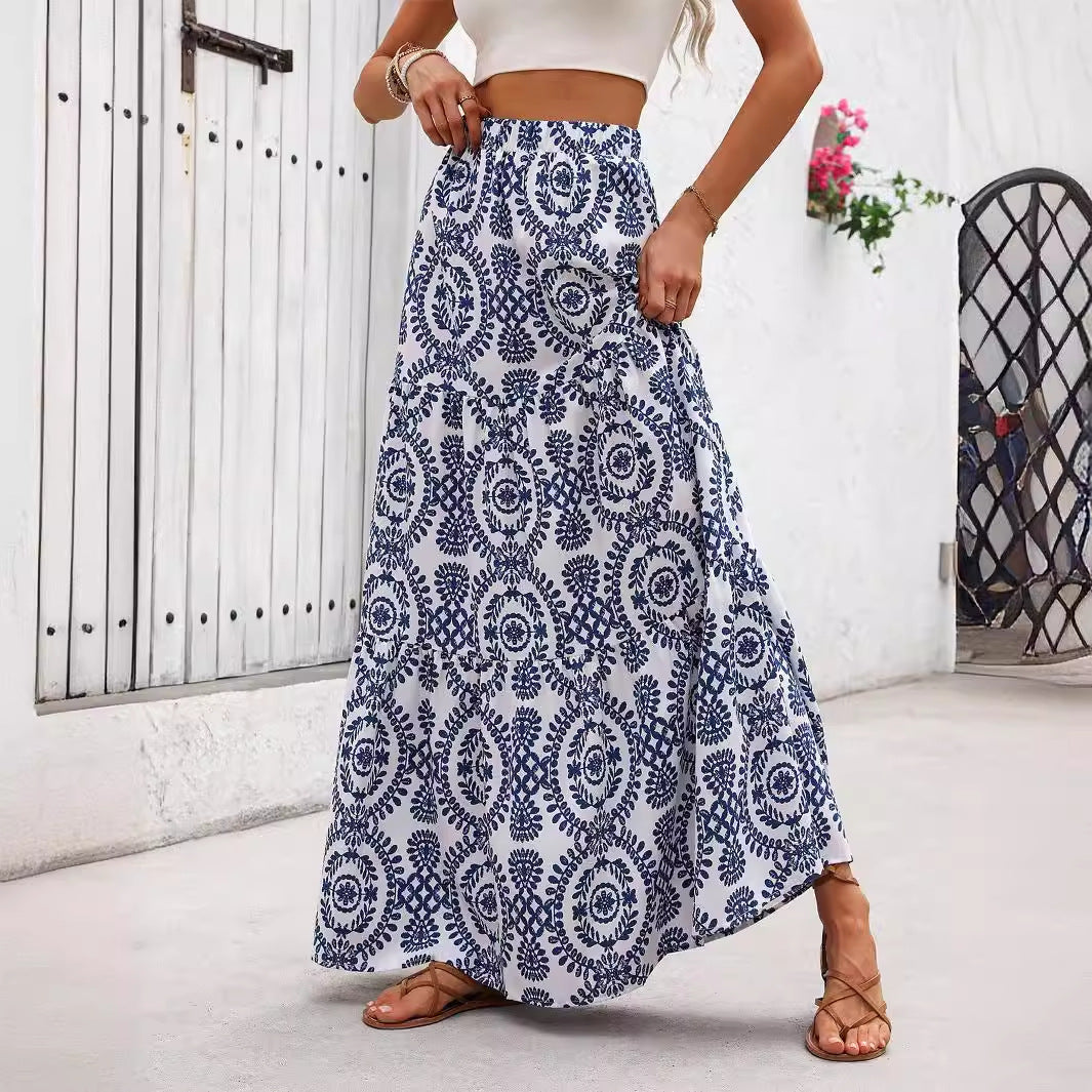 Blue patterned maxi swing skirt with circular motifs, gathered waist, flared hem