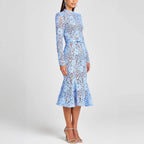 Slim Fit Slimming See-through Lace Hollow Belt Long Sleeve Fishtail Dress