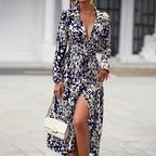 Women's Elegant V-Neck Belted Slit Dress With Leopard Print & Button Details Comfortable Spring & Fall Blend