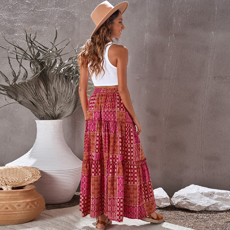 Women’s high-waist tiered maxi skirt, magenta patchwork print