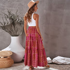 Women’s high-waist tiered maxi skirt, magenta patchwork print
