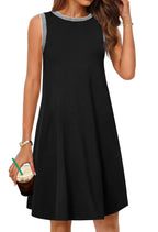Women's black sleeveless tank dress with striped collar and flared mini skirt