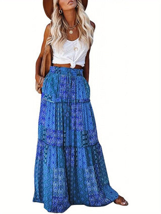 Blue printed high-waist maxi dress with tiered gathered skirt