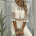 Women's Solid Color Round Neck Crochet Knit Top - Lace Half  Sleeve Summer Cover Up With Sheer Cutout Design